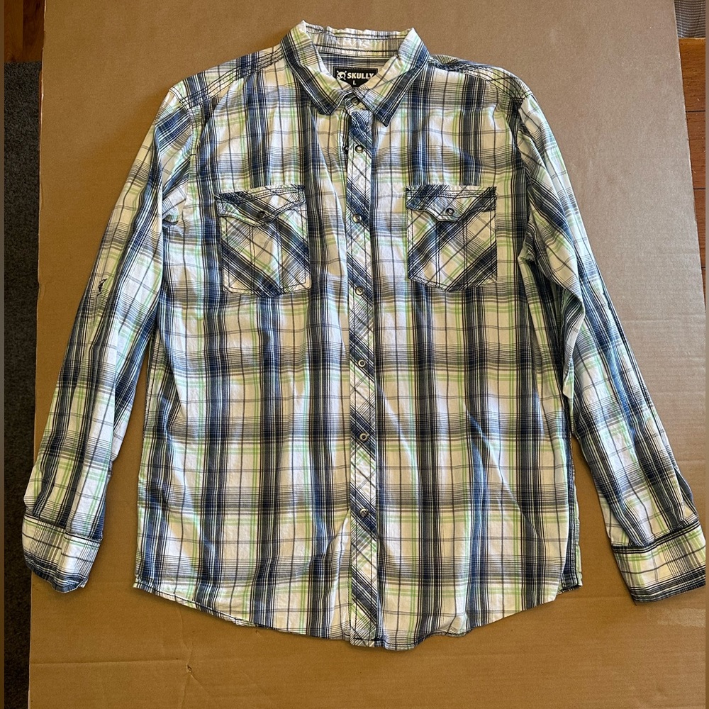 Skully Plaid Snap Button-down Shirt Roll-tab Sleeves Size Large